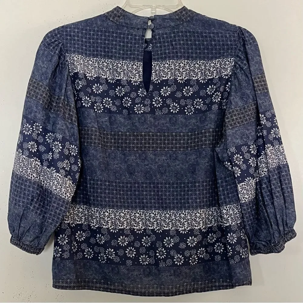 Anthropologie Eryn Boho Floral Blouse saison de la fleur Blue Cotton Top Small